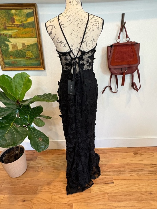 NWT Black Butterfly Lace Mesh Maxi Dress Strappy Back Medium - Picture 4 of 7